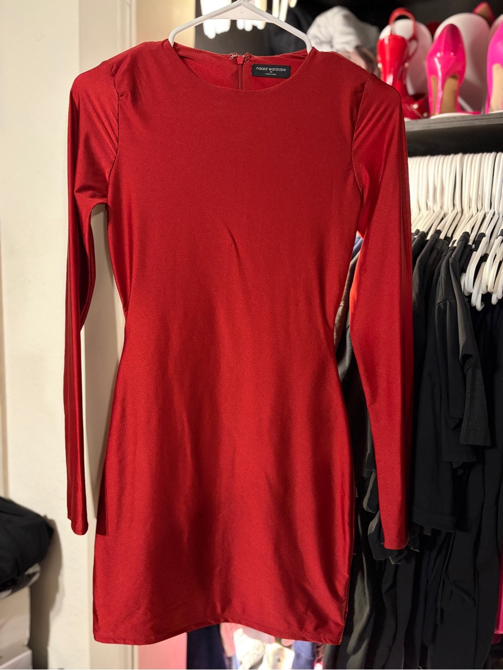 NAKED WARDROBE Red Long-Sleeve Mini Bodycon Dress